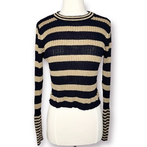 Zara Knit Top Navy and Metallic Gold Stripe Long Sleeve Crop Stretch - Picture 1 of 7